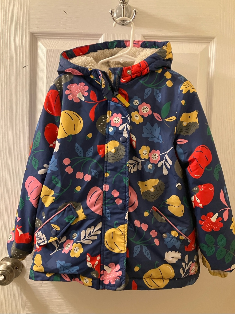 Mini Boden Navy Hooded Puffer Coat with Floral & Fruit Print